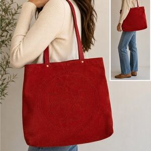 Tory Burch Red Suede Tote Bag Large Logo Leather Straps
